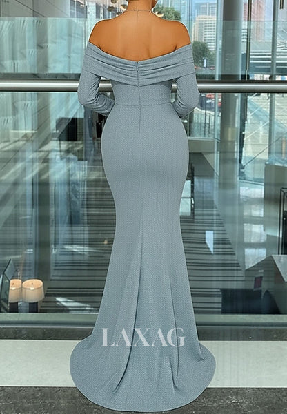 Sweetheart Long-Sleeves Mermaid Evening Dress Glitter-Knit Pleated Floor-Length Formal Gowns
