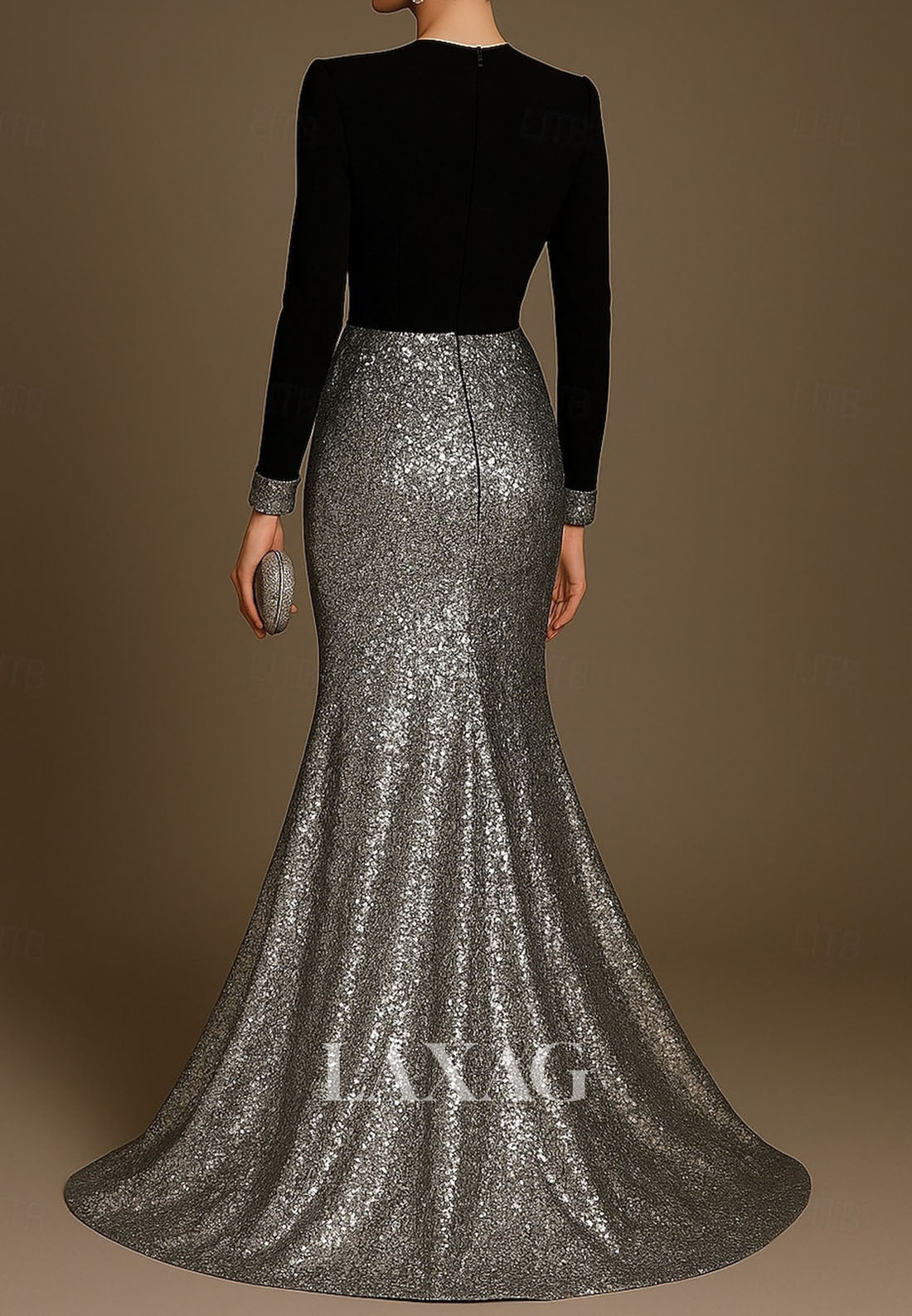 V-Neck Long-Sleeves Floor-Length Formal Gowns Sequined Satin Trumpet Mermaid Evening Dress
