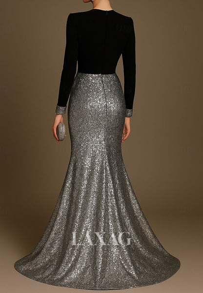 V-Neck Long-Sleeves Floor-Length Formal Gowns Sequined Satin Trumpet Mermaid Evening Dress