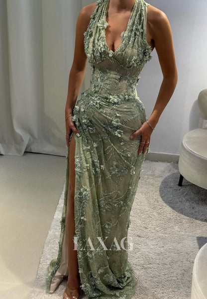 Halter V-Neck Sleeveless Floral Embellished Sequined Beaded Allover Lace Mermaid Prom Dress