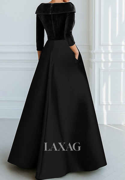 Floor-Length Sequined Applique Velvet Mermaid Evening Dress V-Neck Collared 3/4-Sleeves Formal Gowns