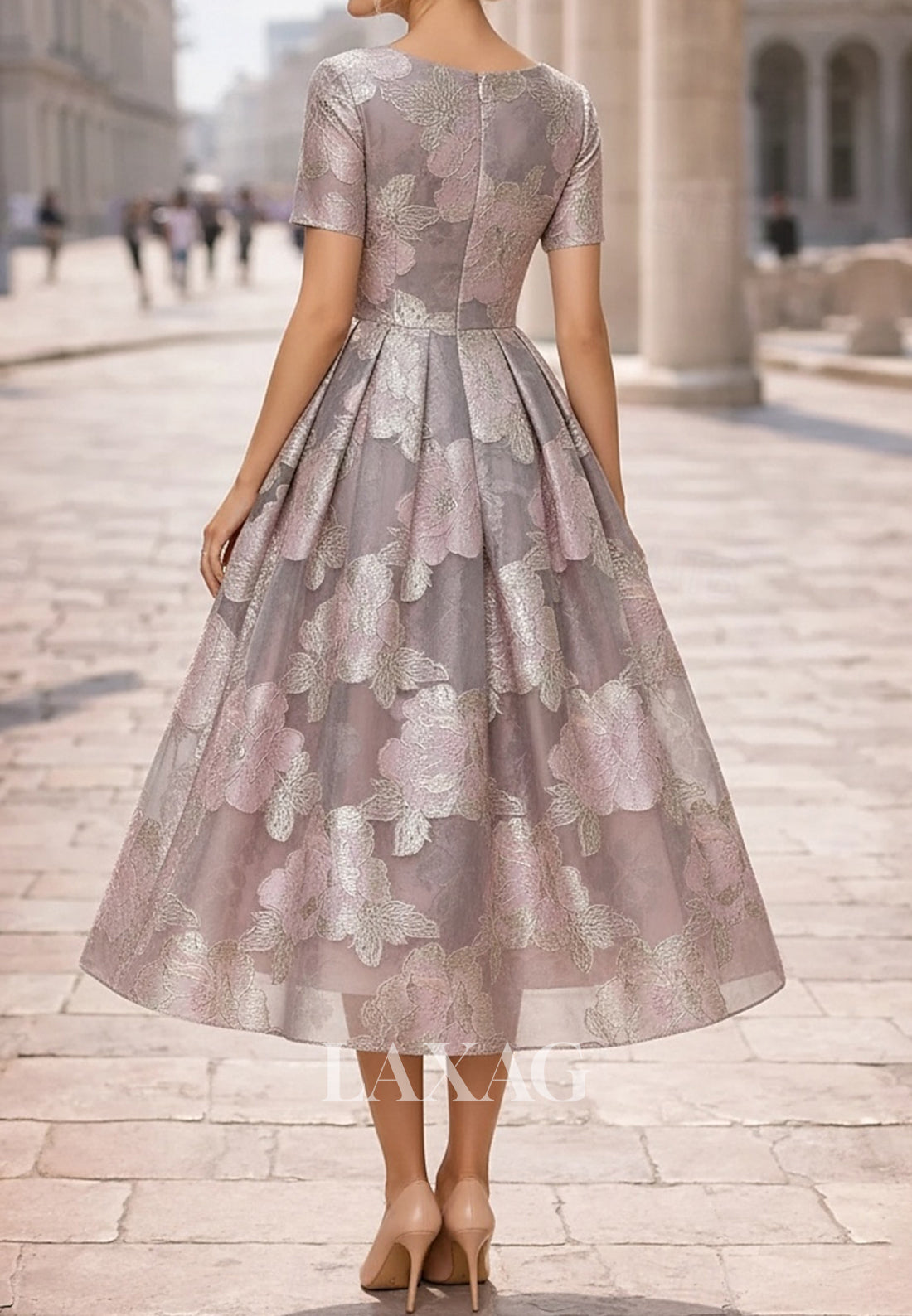 Scoop-Neck Short-Sleeves Jacquard Tulle&Satin Pleated Sheer Tea-Length A-Line Evening Dress