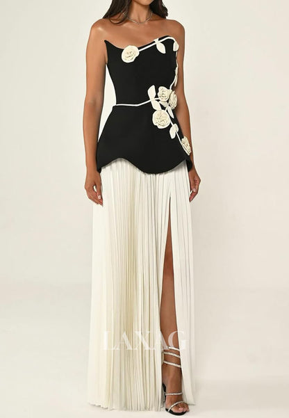 Asymmetrical-Neck Sleeveless Fitted Evening Dress Floral Embellished Two Tone Formal Gowns