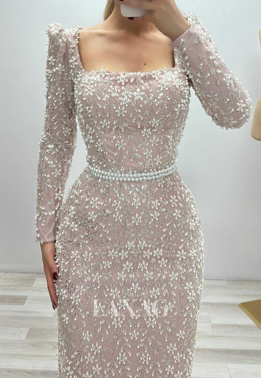 Square-Neck Long-Sleeves Floor-Length Mermaid Evening Dress Fully Sequined Beaded Formal Gowns