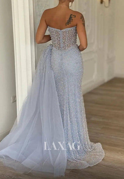 Sweetheart Long-Sleeves Fully Sequined Pearls Pleated Tulle Mermaid Formal Evening Dress