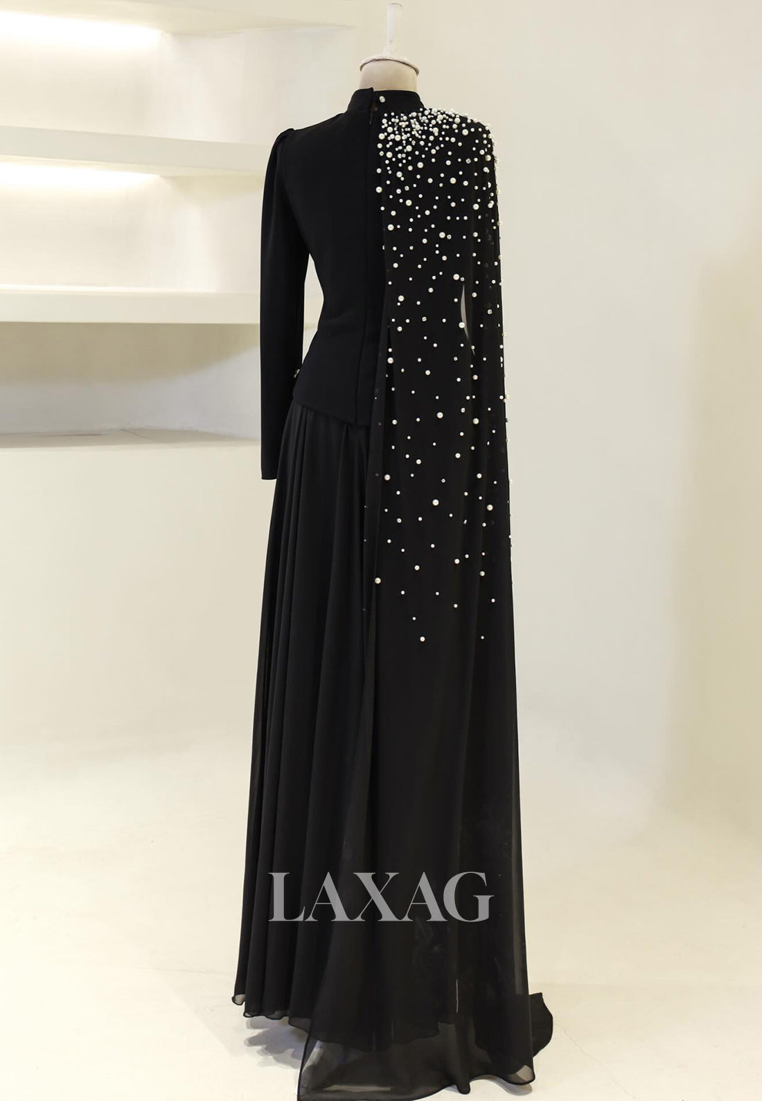 High-Neck Long-Sleeves Pearls Beaded Chiffon Pleated Floor-Length Fitted Evening Dress