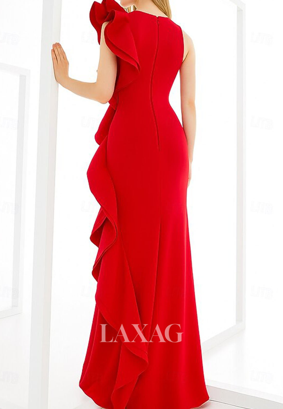 Scoop-Neck Floor-Length Pleated Satin Formal Gowns Sleeveless Ruffled Mermaid Evening Dress