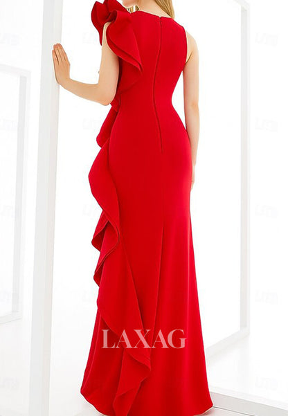 Scoop-Neck Floor-Length Pleated Satin Formal Gowns Sleeveless Ruffled Mermaid Evening Dress