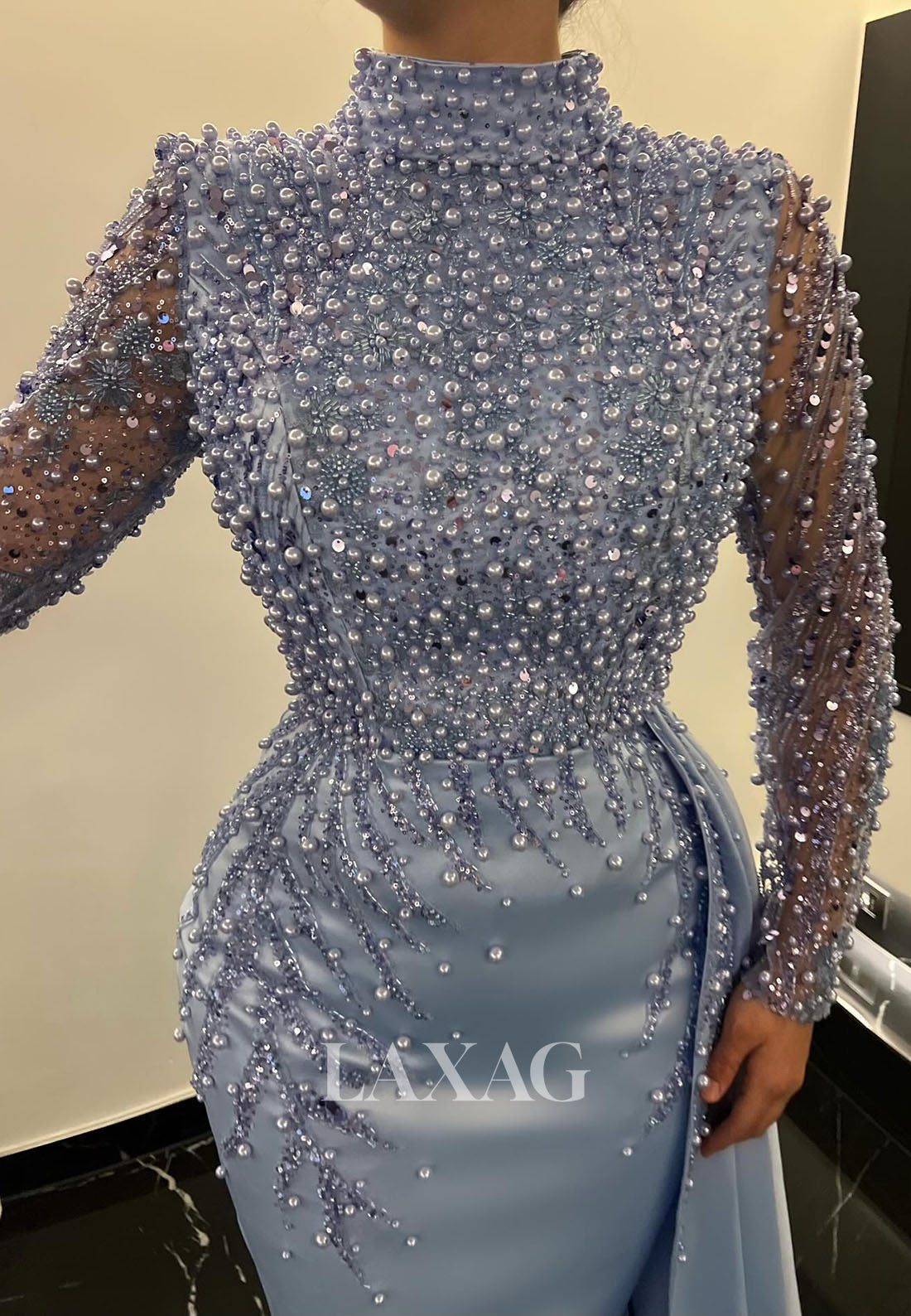 High-Neck Long-Sleeves Mermaid Evening Dress Beaded Sequined Pearls Floor-Length Formal Gowns