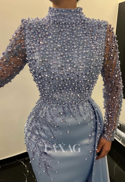 High-Neck Long-Sleeves Mermaid Evening Dress Beaded Sequined Pearls Floor-Length Formal Gowns