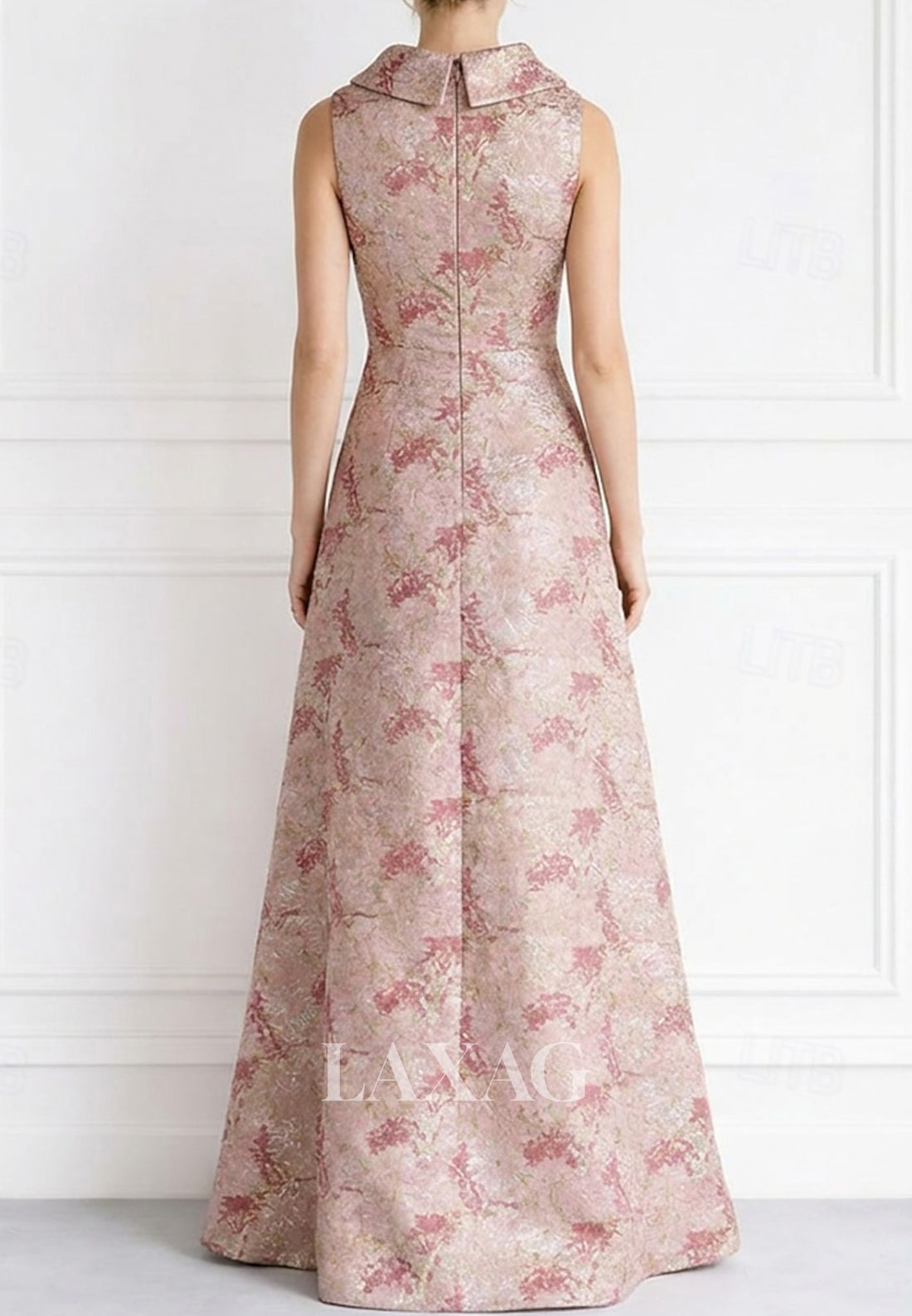 High-Neck Collared Sleeveless Jacquard Satin Pleated Floor-Length Mermaid Evening Dress