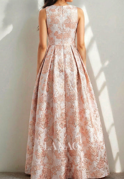 V-Neck Straps Sleeveless Jacquard Satin Pleated Floor-Length A-Line Evening Dress with Slit