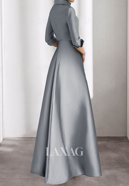 Collared Half-Sleeves Satin Mermaid Evening Dress Multi-Color Sequined Applique Formal Gowns