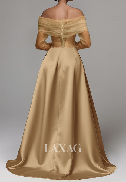 Bateau-Neck Off-Shoulder Long-Sleeves Sequined Applique Ankle-Length Mermaid Evening Dress