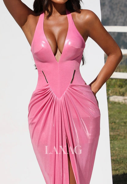 Halter Deep V-Neck Off-Shoulder Mermaid Evening Dress Metallic-Satin Pleated High Slit Formal Gowns