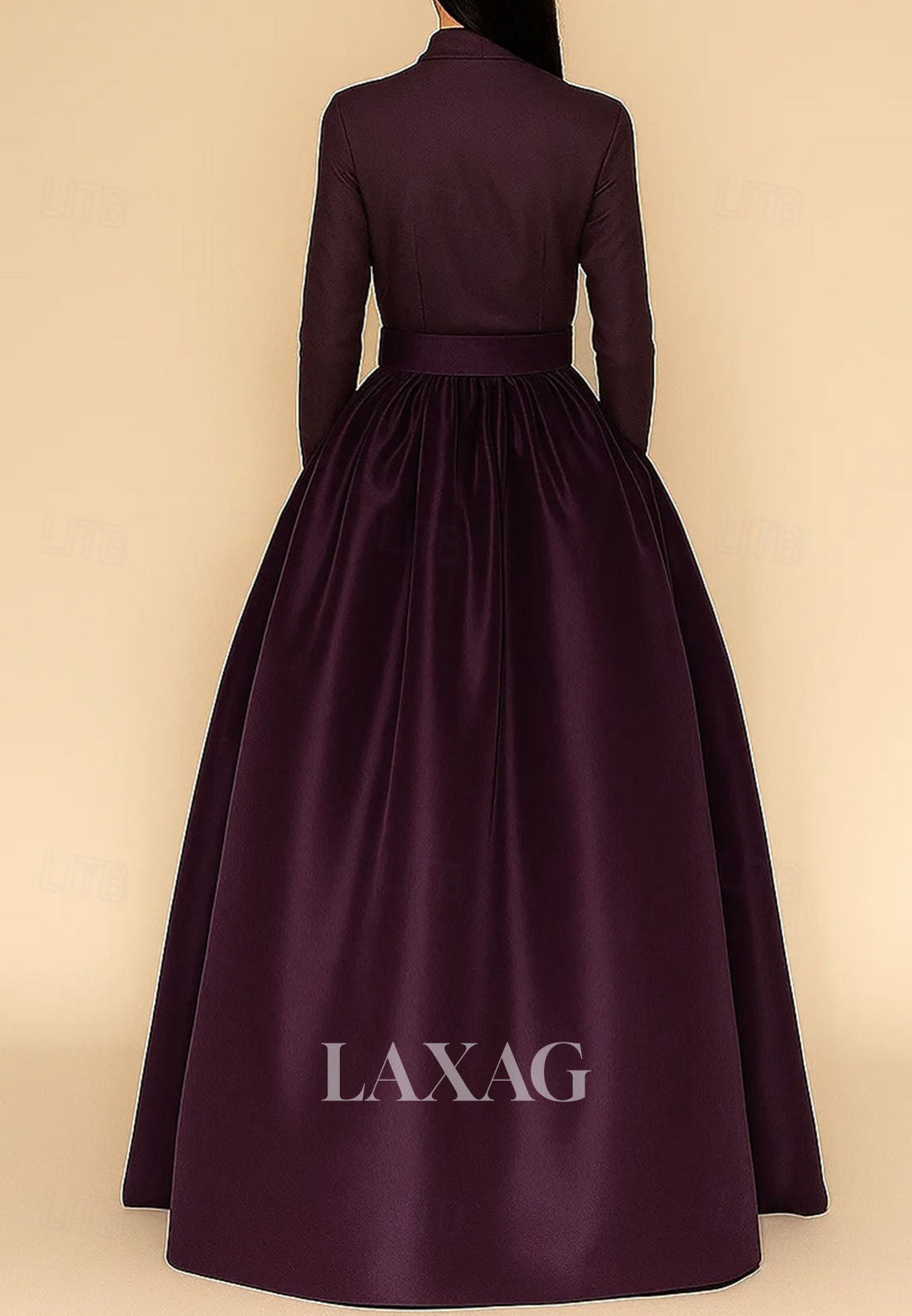Collared Long-Sleeves Satin Pleated A-Line Evening Dress Floor-Length Formal Gowns