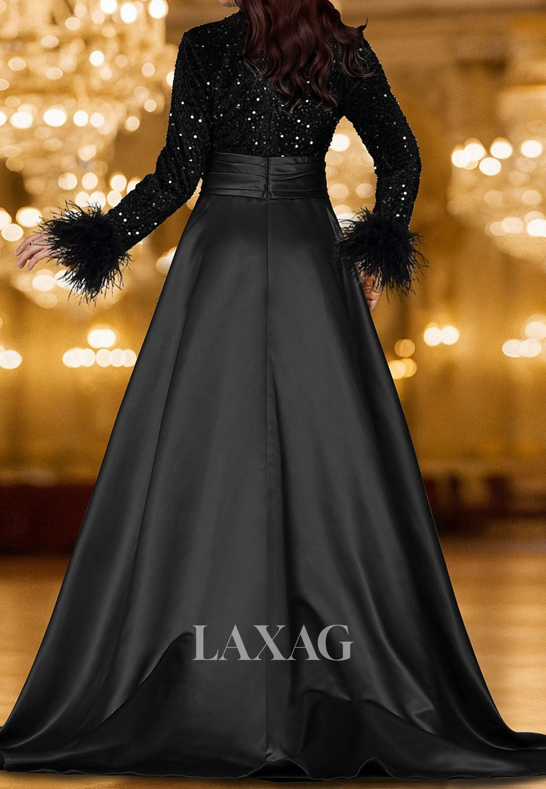 Deep V-Neck Floor-Length A-Line Evening Dress Long-Sleeves Feathered Sequined Satin Formal Gowns
