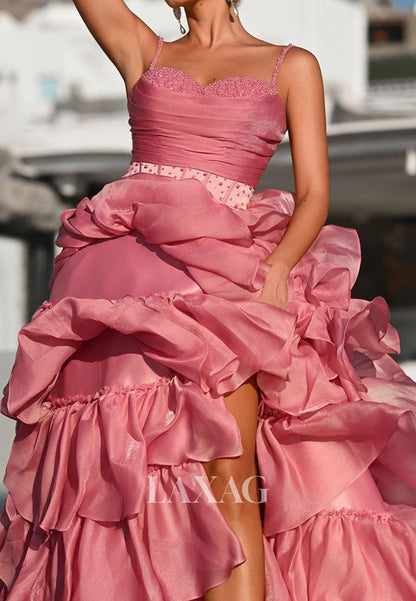 Sweetheart Spaghetti Straps Tiered A-Line Prom Dress Sleeveless Beaded Pleated Chiffon Party Gowns