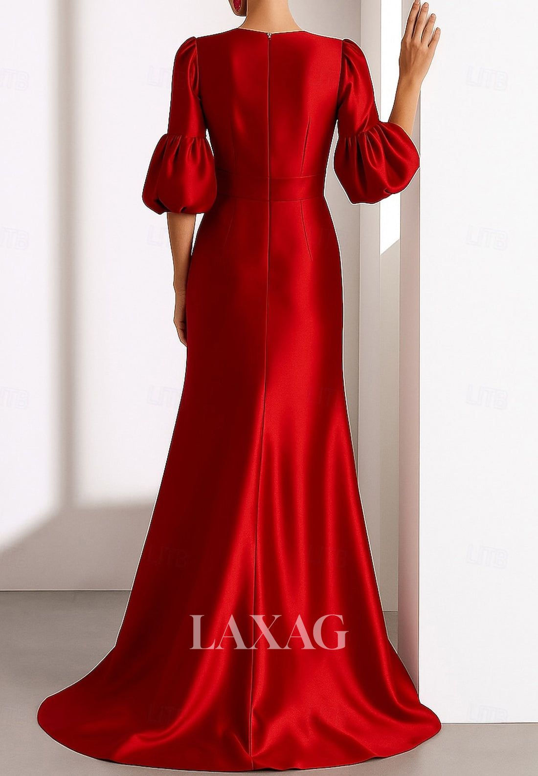 V-Neck Straps Half-Bell-Sleeves Floral Embellished Satin Pleated Floor-Length A-Line Evening Dress