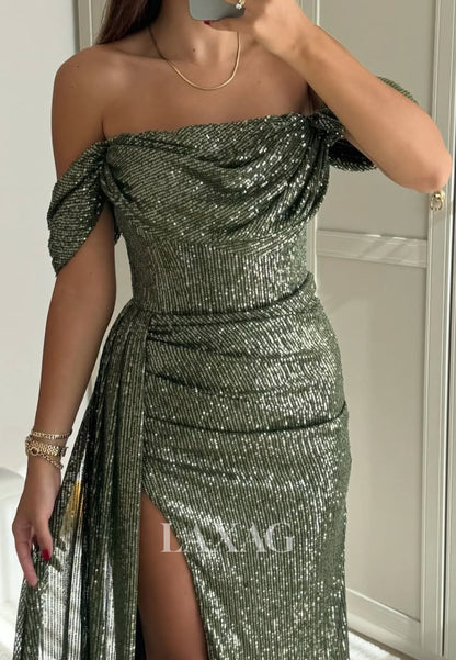 Bateau-Neck Off-Shoulder Sleeveless Fully Sequined Pleated High Slit Mermaid Evening Dress