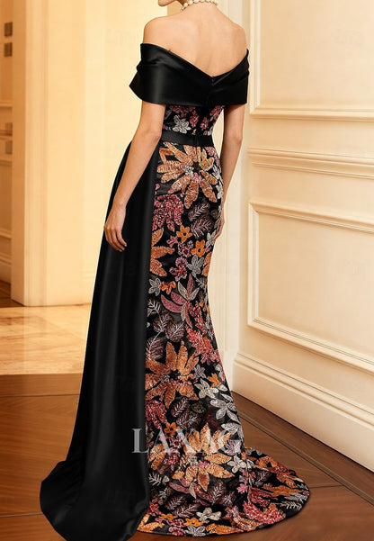 Off-Shoulder Sequined Applique Formal Gowns V-Neck Sleeveless Satin Mermaid Evening Dress