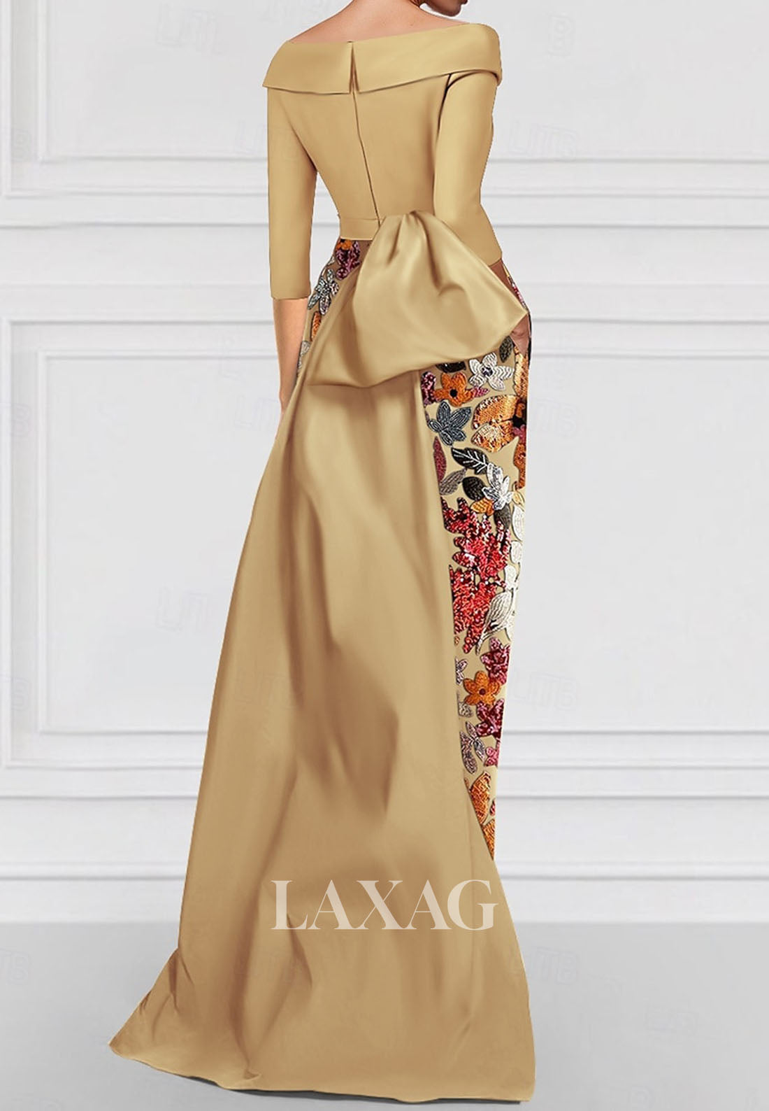 V-Neck Collared Tea-Length Mermaid Evening Dress 3/4-Sleeves Sequined Applique Satin Formal Gowns