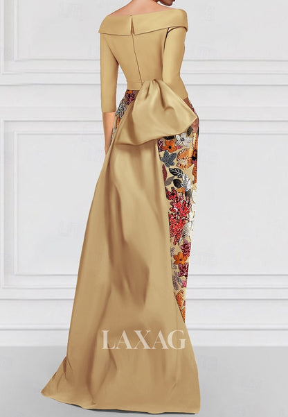 V-Neck Collared Tea-Length Mermaid Evening Dress 3/4-Sleeves Sequined Applique Satin Formal Gowns