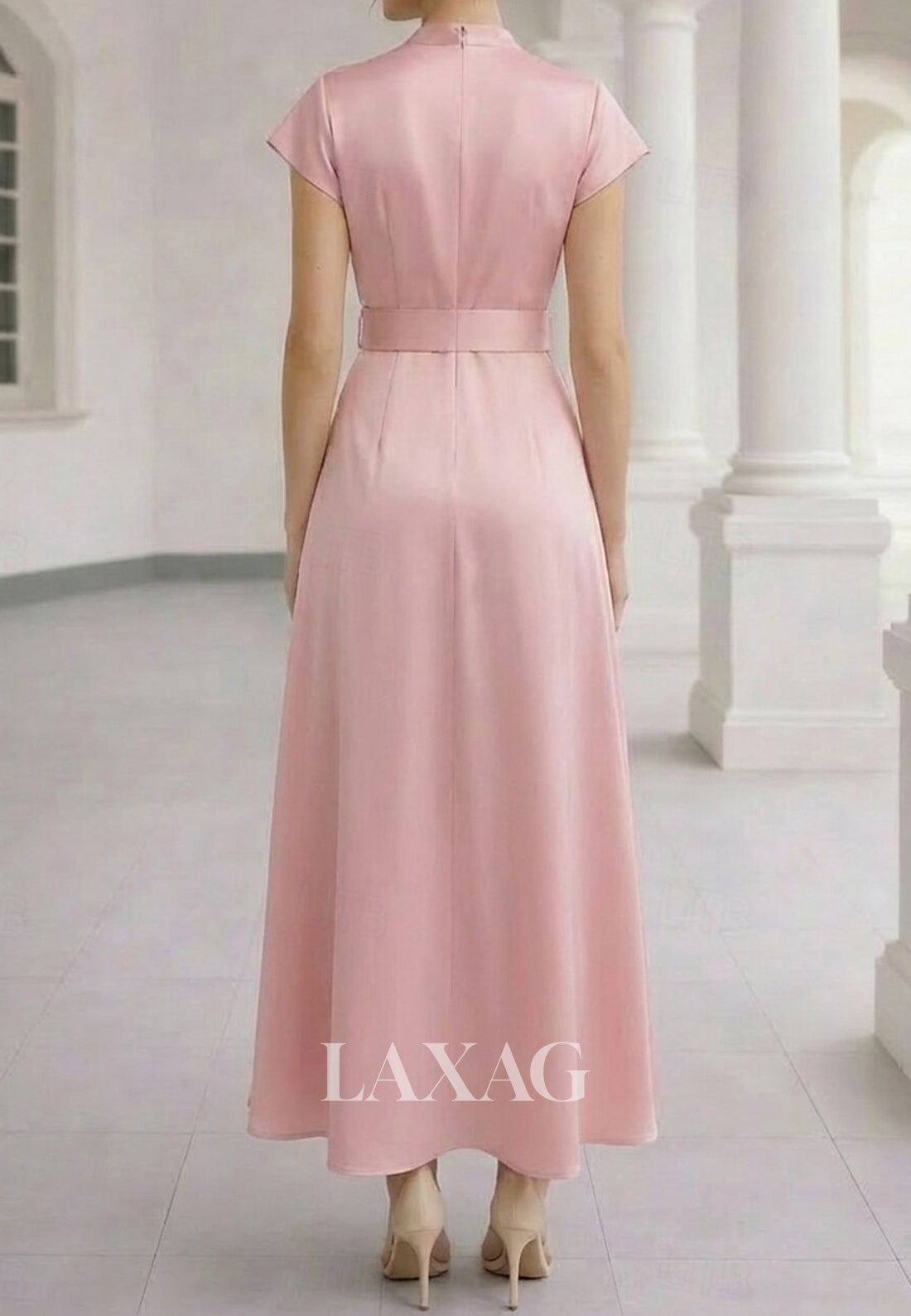 V-Neck Cap-Sleeves 3D-Floral Jacquard Satin Ankle-Length A-line Formal Morth of the Bride Dress