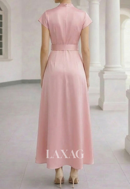 V-Neck Cap-Sleeves 3D-Floral Jacquard Satin Ankle-Length A-line Formal Morth of the Bride Dress