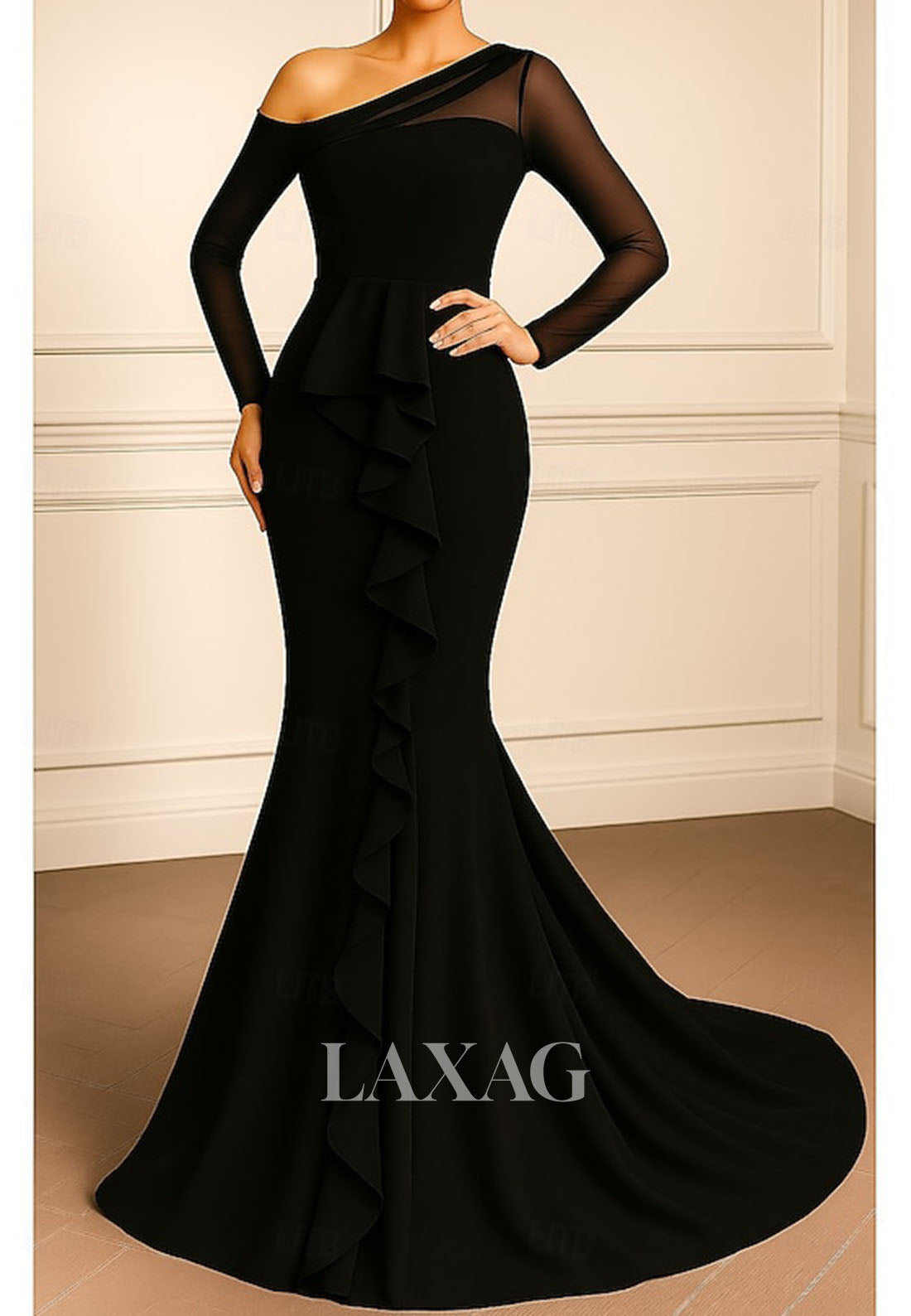 Asymmetrical-Neck Long-Sleeves Formal Gowns Ruffled Satin&Tulle Trumpet Mermaid Evening Dress