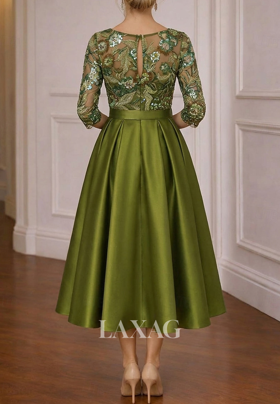 Scoop-Neck 3/4-Sleeves Sequined Tulle&Satin Pleated Sheer Tea-Length A-Line Evening Dress