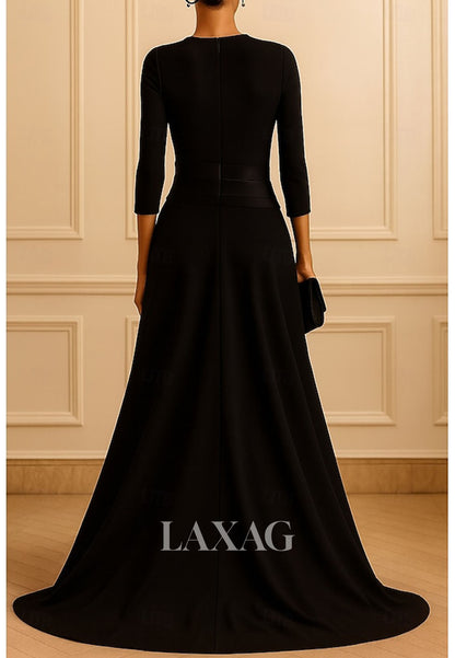 Scoop-Neck 3/4-Sleeves Pleated Satin Mermaid Evening Dress Floor-Length Simple Formal Gowns