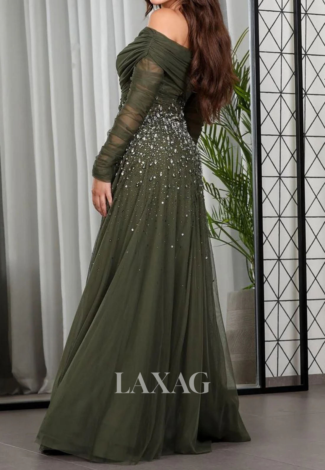 Asymmetrical-Neck Long-Sleeves A-Line Evening Dress Rhinestone Beaded Pleated Tulle Formal Gowns
