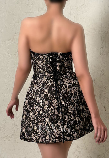 Tube Top Off-Shoulder Sleeveless Pearls Allover Lace A-Line Party Homecoming Dress