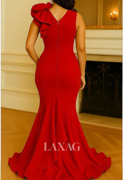 V-Neck Straps Sleeveless Satin Ruffled Trumpet Mermaid Formal Evening Dress