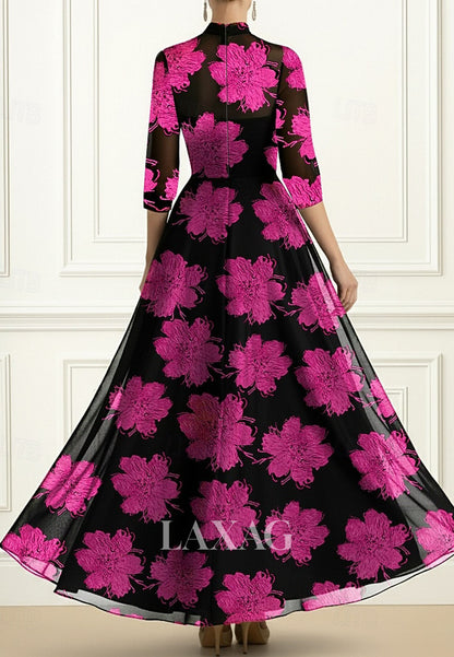 High-Neck 3/4-Sleeves Formal Gowns Jacquard Tulle Floor-Length A-Line Evening Dress