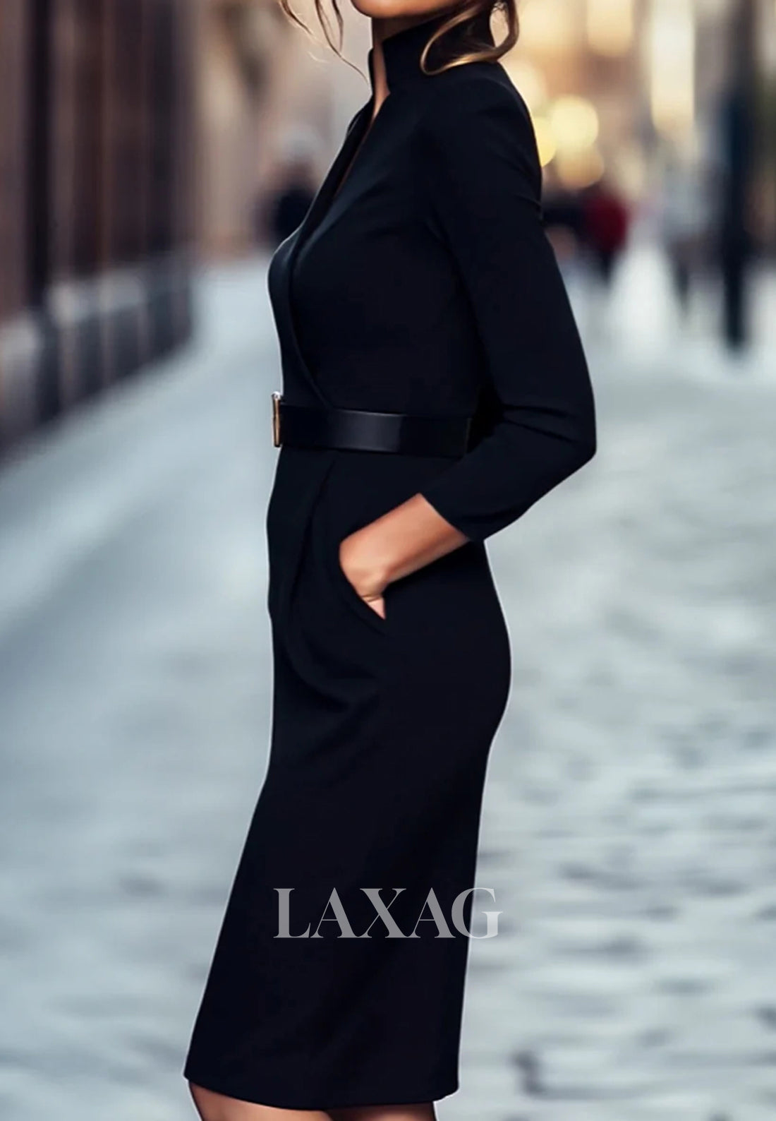 V-Neck Long-Sleeves Mermaid Mother of the Bride Dress Simple Knee-Length Satin Formal Gowns