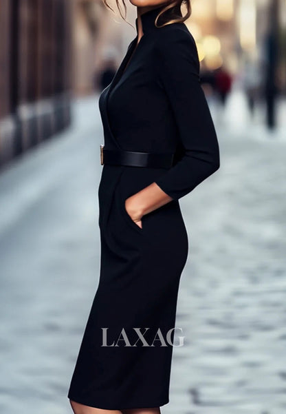 V-Neck Long-Sleeves Mermaid Mother of the Bride Dress Simple Knee-Length Satin Formal Gowns