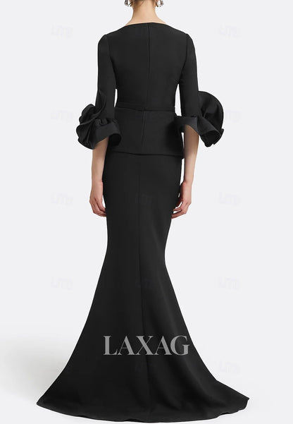 V-Neck Half-Sleeves Ruffled Satin Floor-Length Simple Mermaid Evening Dress with Sweep Train