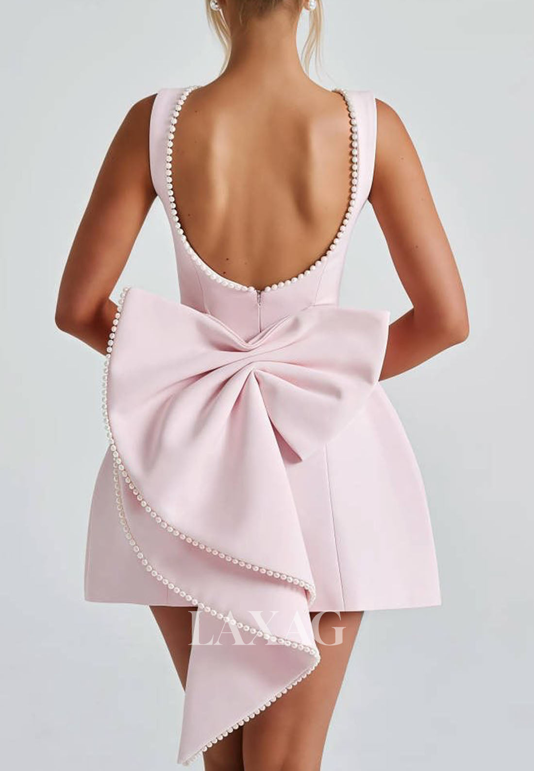 Scoop-Neck Off-Shoulder Sleeveless Pearls Satin A-Line Party Homecoming Dress with Big Bow