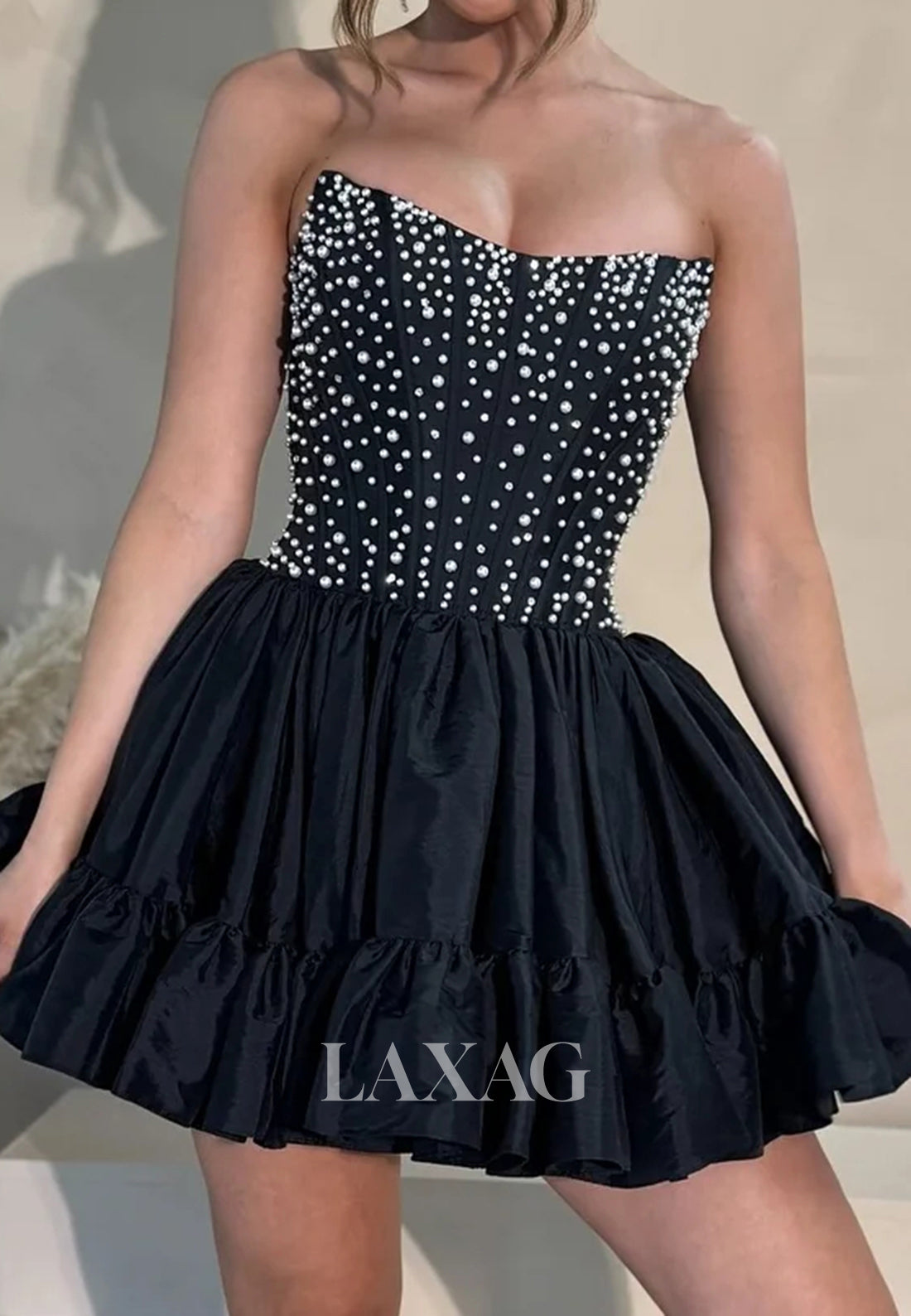 V-Neck Off-Shoulder Sleeveless Beaded Pleated Satin Short A-Line Party Homecoming Dress