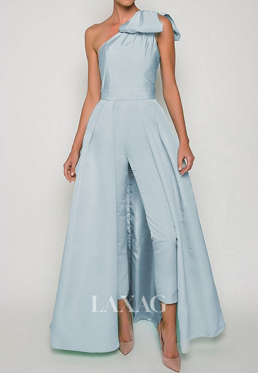 Asymmetrical-Neck One-Strap Sleeveless Satin Pleated Jumpsuit with Detachable Overskirt