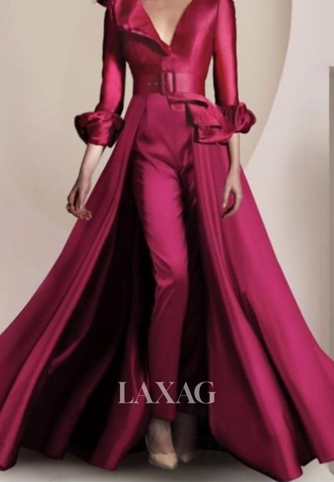 V-Neck Long-Sleeves A-Line Evening Dress Pleated Satin Formal Gowns with Overskirt