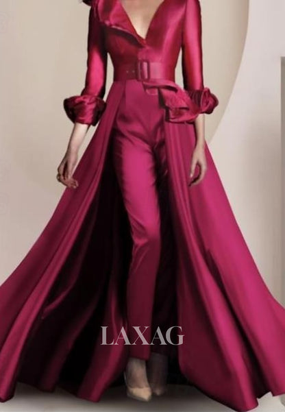 V-Neck Long-Sleeves A-Line Evening Dress Pleated Satin Formal Gowns with Overskirt