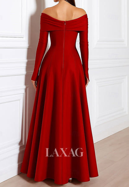 Scoop-Neck Off-Shoulder Long-Sleeves Satin Pleated Floor-Length Simple A-Line Evening Dress
