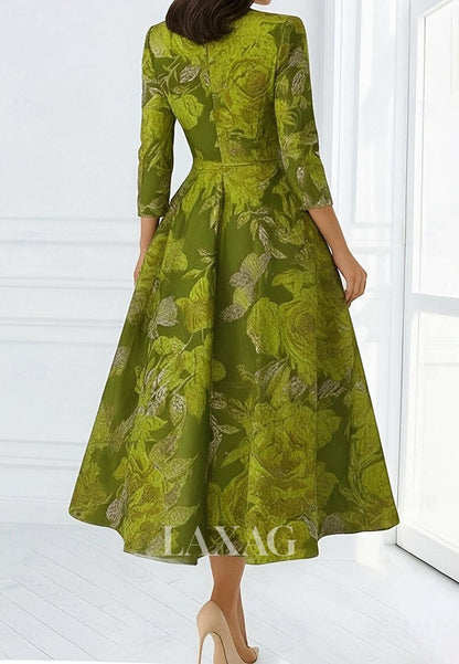 V-Neck 3/4-Sleeves A-Line Evening Dress Tea-Length Jacquard Tulle Pleated Formal Gowns