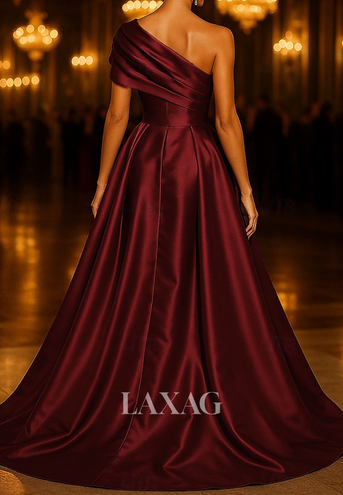 Asymmetrical-Neck Pleated Satin A-Line Evening Dress Sleeveless High Slit Formal Gowns