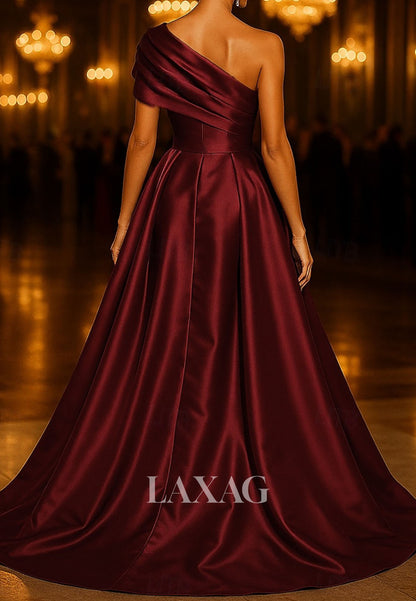 Asymmetrical-Neck Pleated Satin A-Line Evening Dress Sleeveless High Slit Formal Gowns