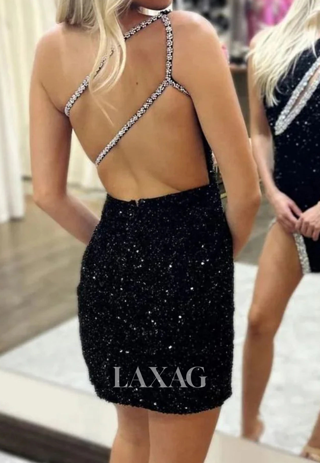 Asymmetrical-Neck Sleeveless Cutout Fully Sequined Beaded Mermaid Homecoming Dress