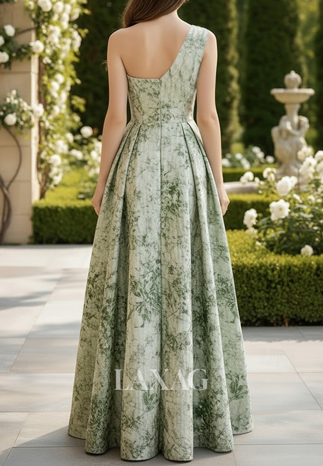 Asymmetrical-Neck One-Strap Sleeveless Print-Satin Pleated A-Line Evening Dress with High Slit